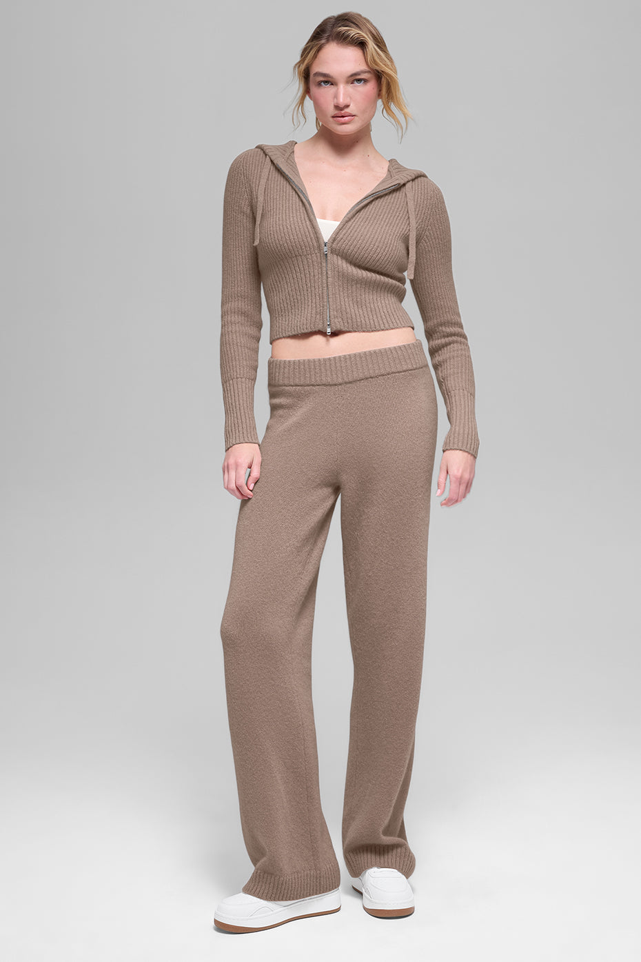 Wool Cashmere Ribbed Noble Full Zip Hoodie - Chai Latte