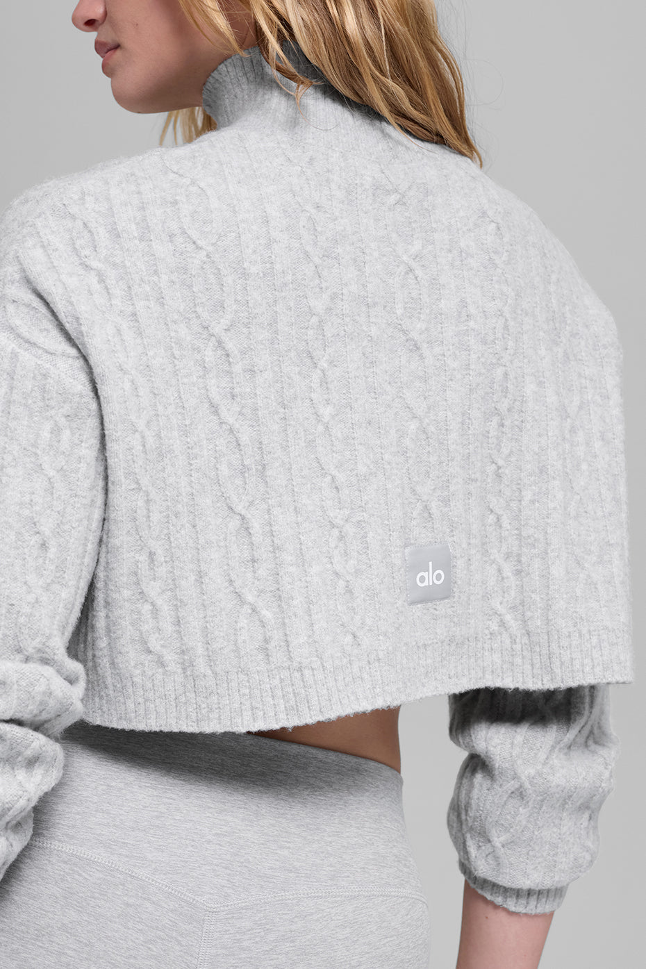 Cable Knit Cropped Winter Bliss Turtleneck Long Sleeve - Athletic Heather Grey