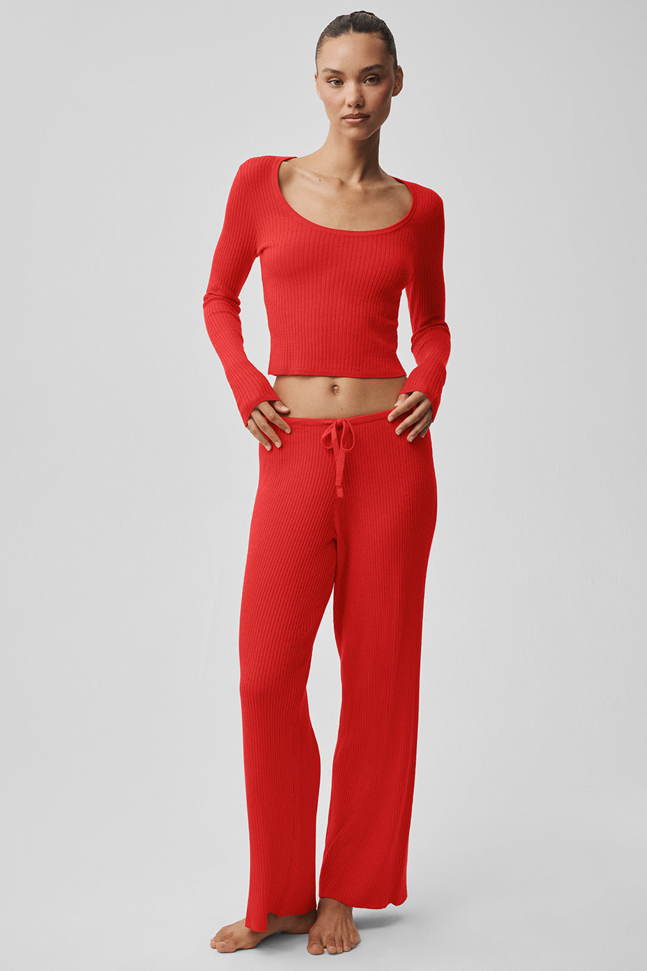 Sweater Knit Mid-Rise Unwind Wide Leg Pant - Bright Red