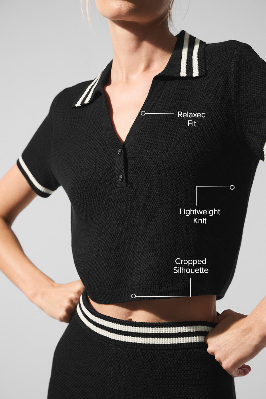 Tennis Club Sweater Knit Cropped Polo - Black/Ivory