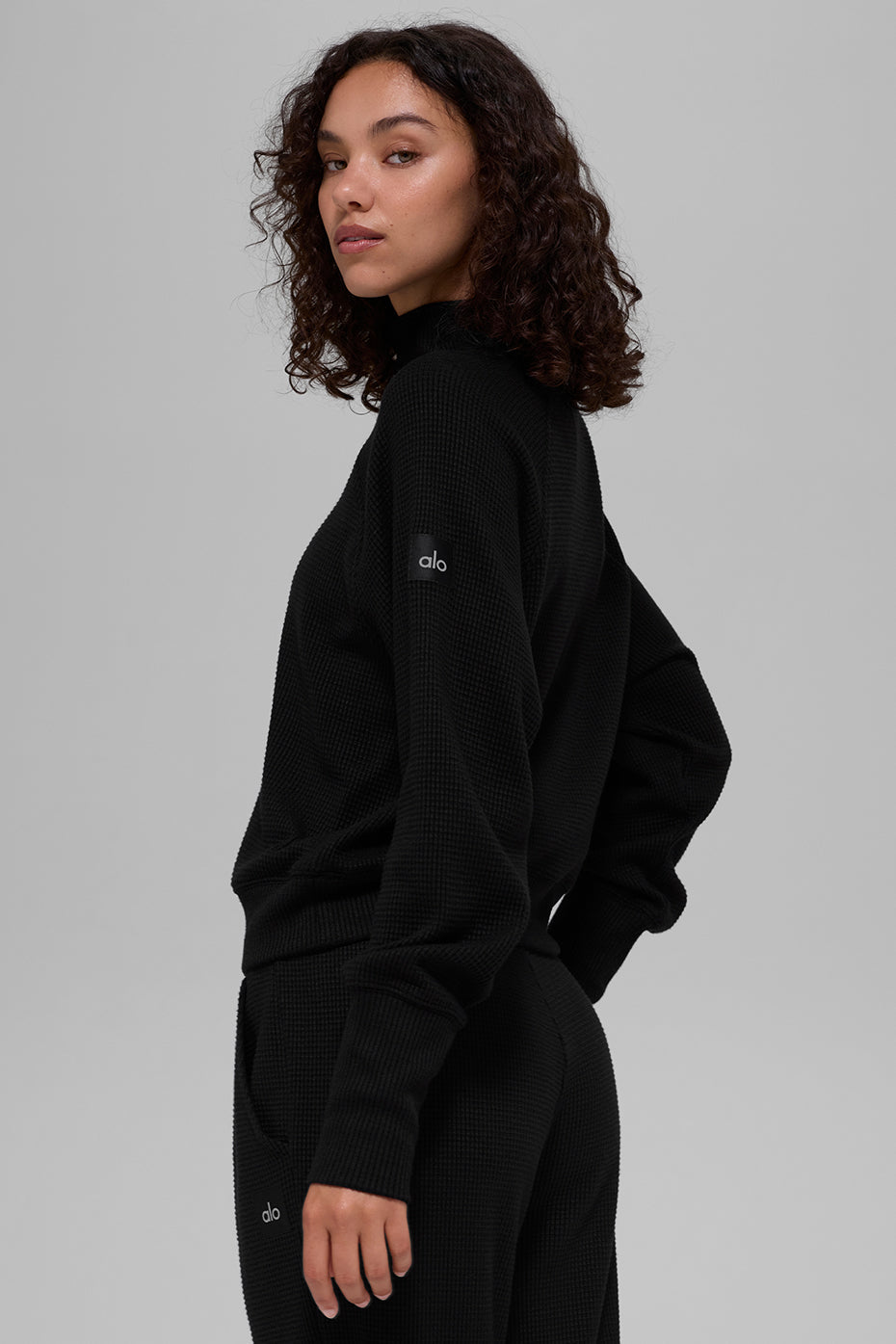 Waffle Weekend Escape Mock Neck Long Sleeve - Black