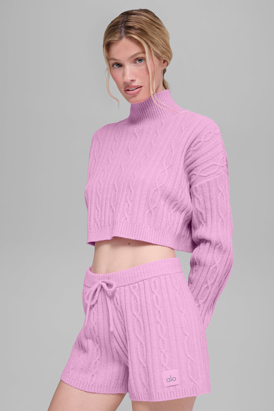 Cable Knit Cropped Winter Bliss Turtleneck Long Sleeve - Candy Heart Pink