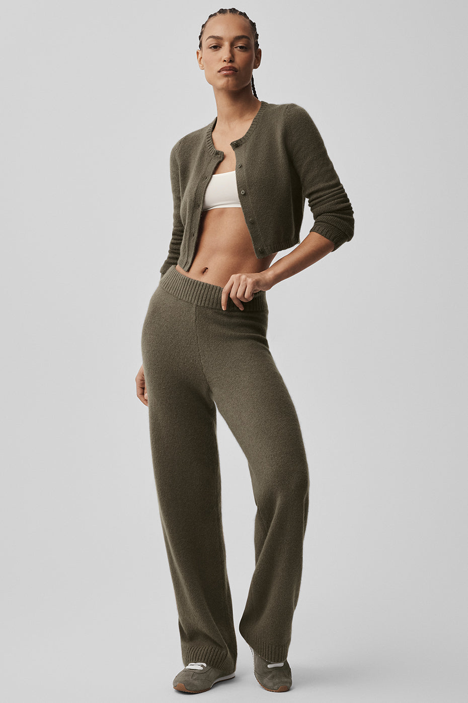 Wool Cashmere New Class Cropped Cardigan - Olive Tree