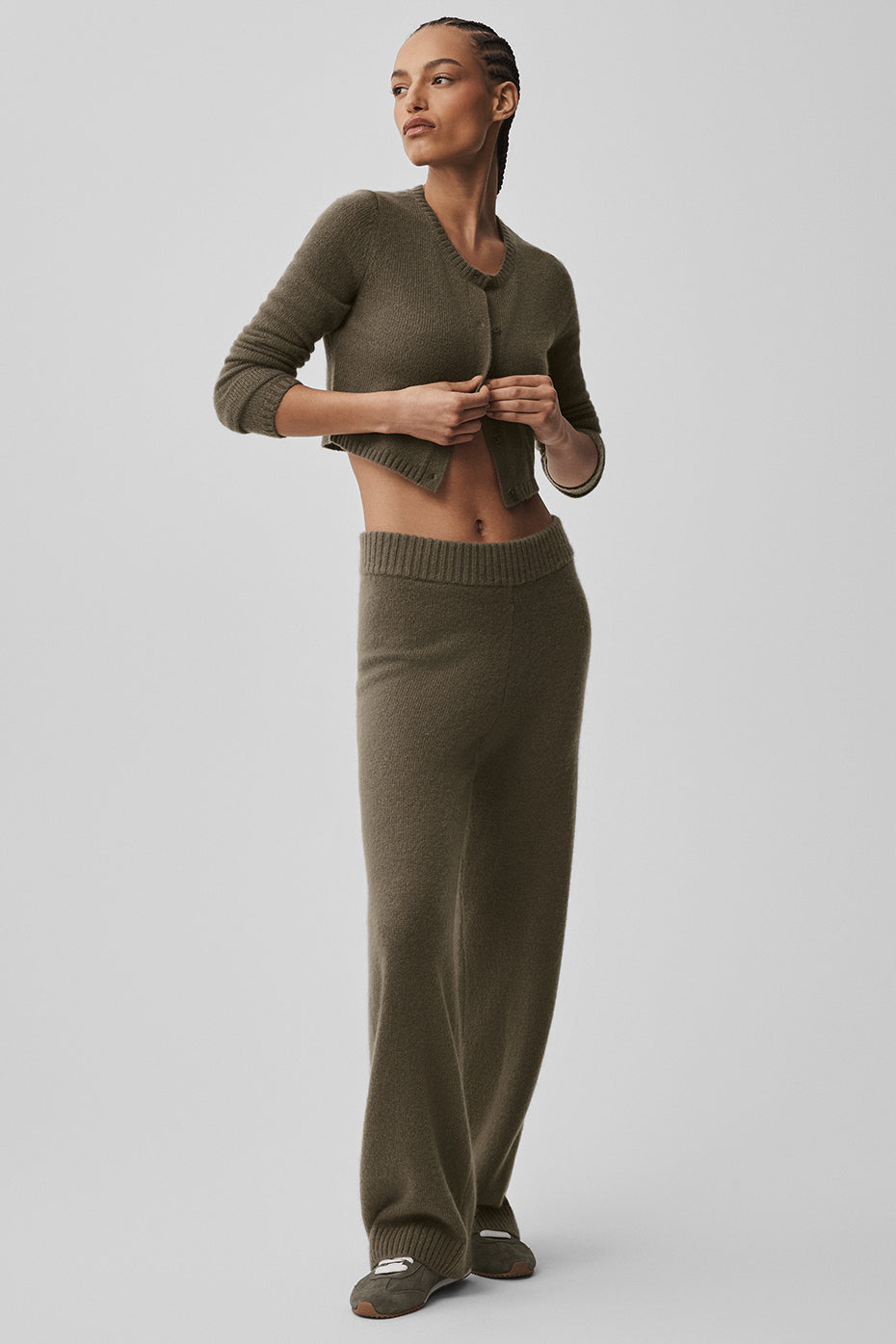 Wool Cashmere High-Waist New Class Wide Leg Pant - Olive Tree